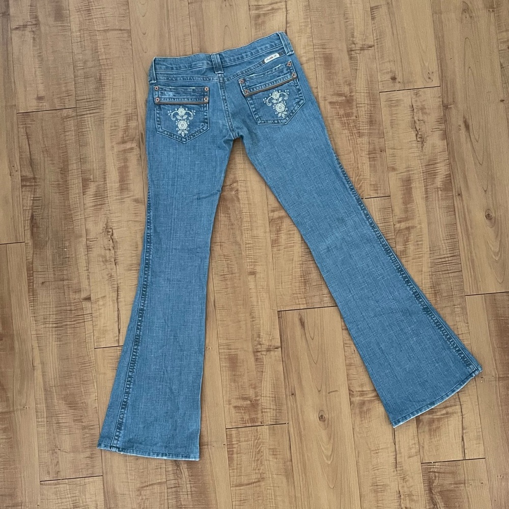 Frankie B. Light Blue Boot Flare Cut Jeans with Floral Bohemian Embroidery